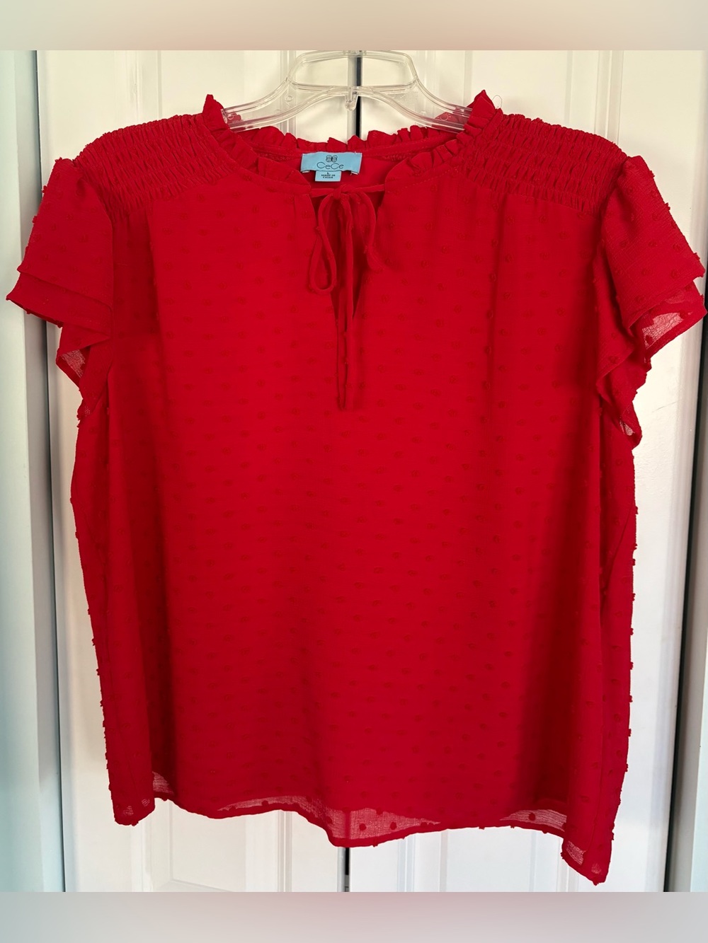 CeCe Bright Red Swiss Dot Tie Neck Blouse
